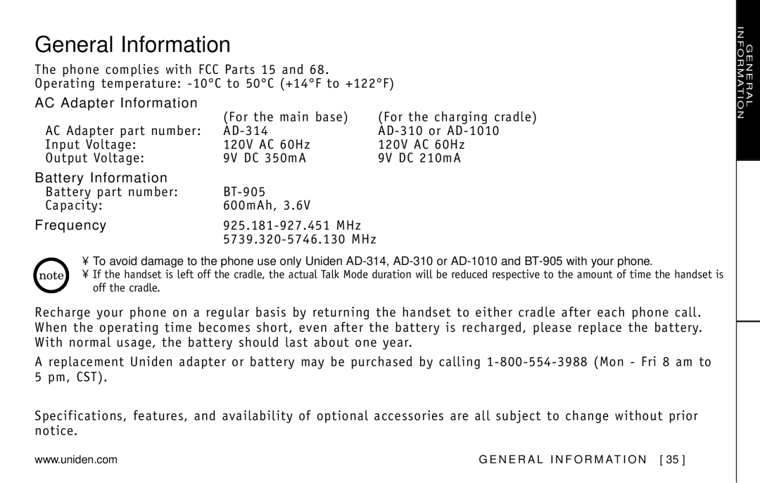 Uniden DXI5586-2 manual General Information, AC Adapter Information, Battery Information, Frequency 