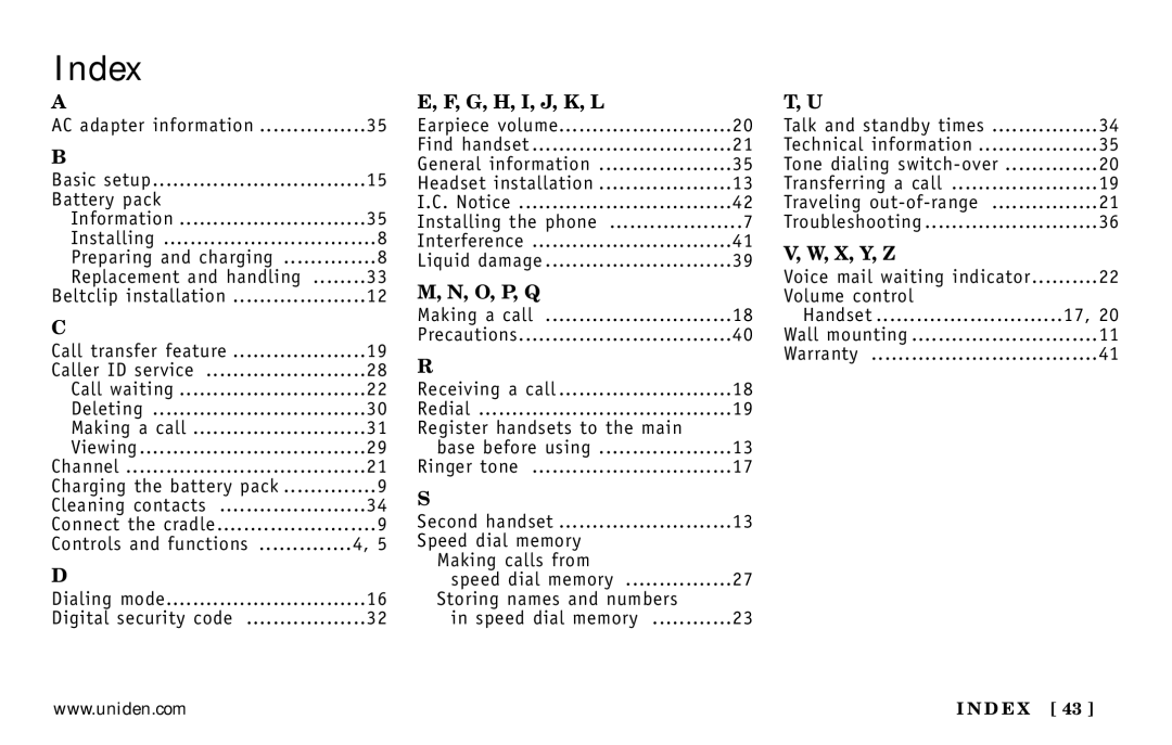 Uniden DXI5586-2 manual Index, G, H, I, J, K, L 