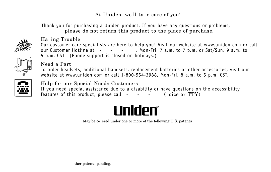 Uniden DXI5586-2 manual At Uniden, well take care of you, Need a Part? Help for our Special Needs Customers 