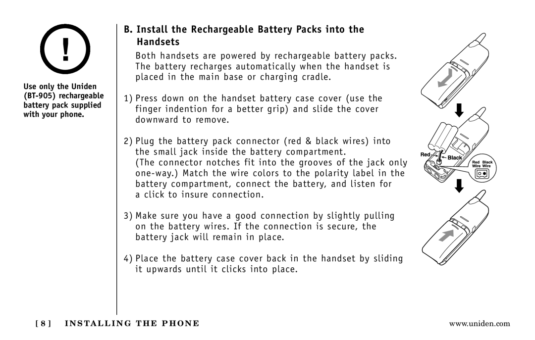 Uniden DXI5586-2 manual Install the Rechargeable Battery Packs into the Handsets 