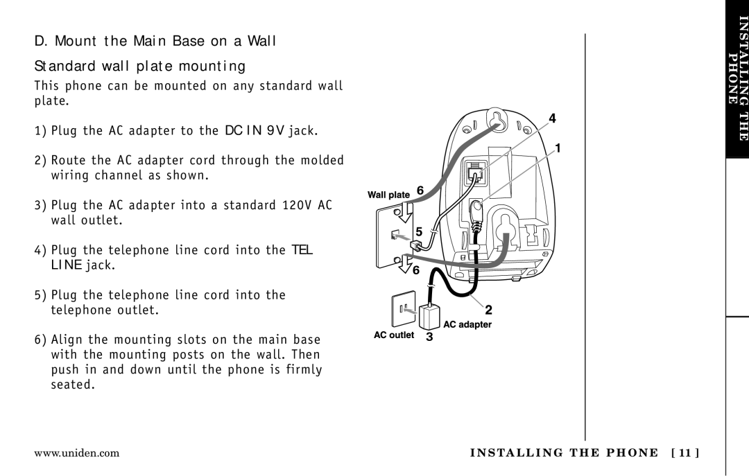 Uniden DXI5586-3, DXI5586-4 manual Mount the Main Base on a Wall Standard wall plate mounting 