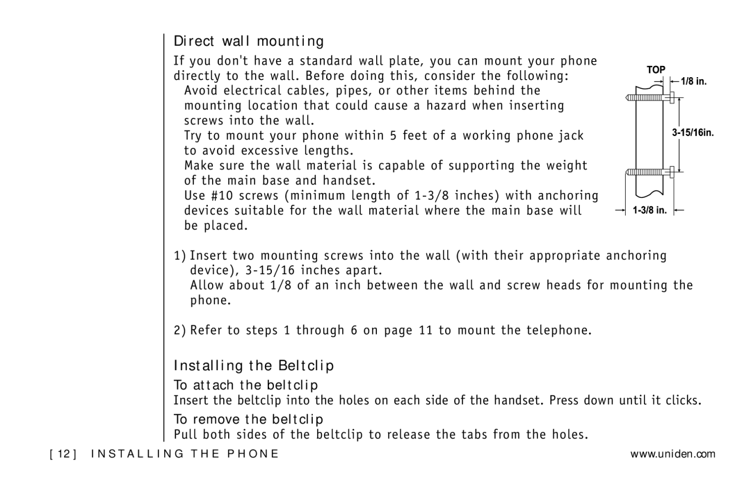 Uniden DXI5586-4, DXI5586-3 Direct wall mounting, Installing the Beltclip, To attach the beltclip, To remove the beltclip 