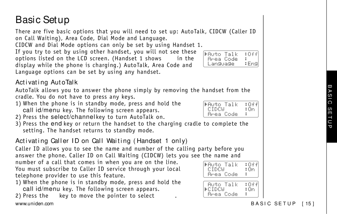 Uniden DXI5586-3, DXI5586-4 manual Basic Setup, Activating AutoTalk, Activating Caller ID on Call Waiting Handset 1 only 