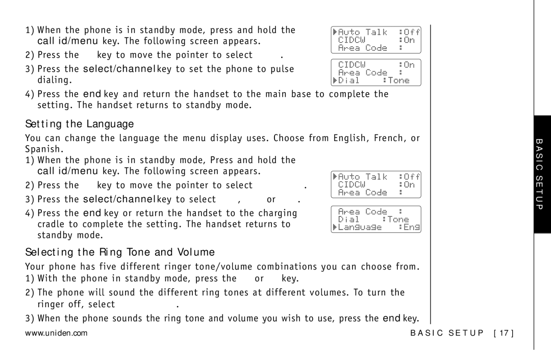 Uniden DXI5586-3, DXI5586-4 manual Setting the Language, Selecting the Ring Tone and Volume 