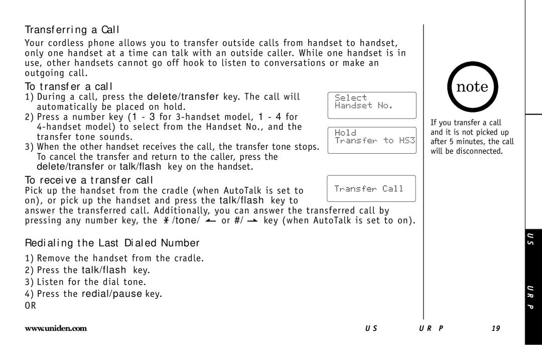 Uniden DXI5586-3 Transferring a Call, To transfer a call, To receive a transfer call, Redialing the Last Dialed Number 