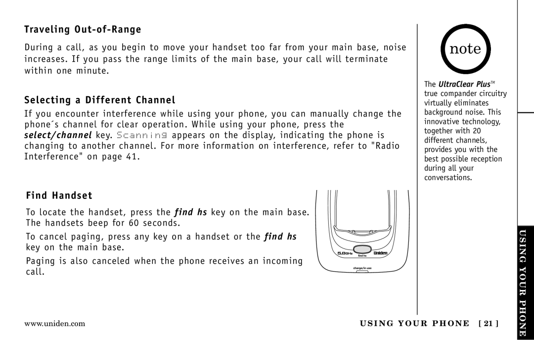 Uniden DXI5586-3, DXI5586-4 manual Traveling Out-of-Range, Selecting a Different Channel, Find Handset 