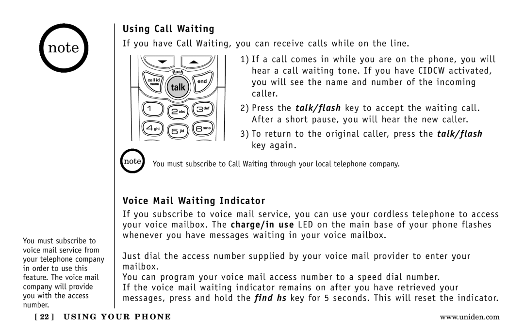 Uniden DXI5586-4, DXI5586-3 manual Using Call Waiting, Voice Mail Waiting Indicator 