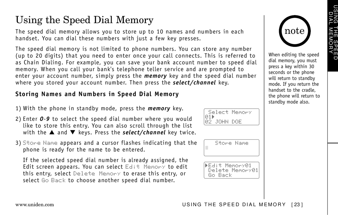 Uniden DXI5586-3, DXI5586-4 manual Using the Speed Dial Memory, Storing Names and Numbers in Speed Dial Memory 