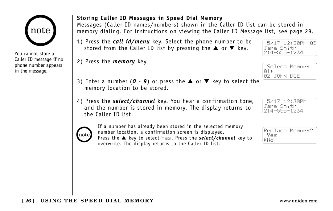 Uniden DXI5586-4, DXI5586-3 manual Storing Caller ID Messages in Speed Dial Memory 