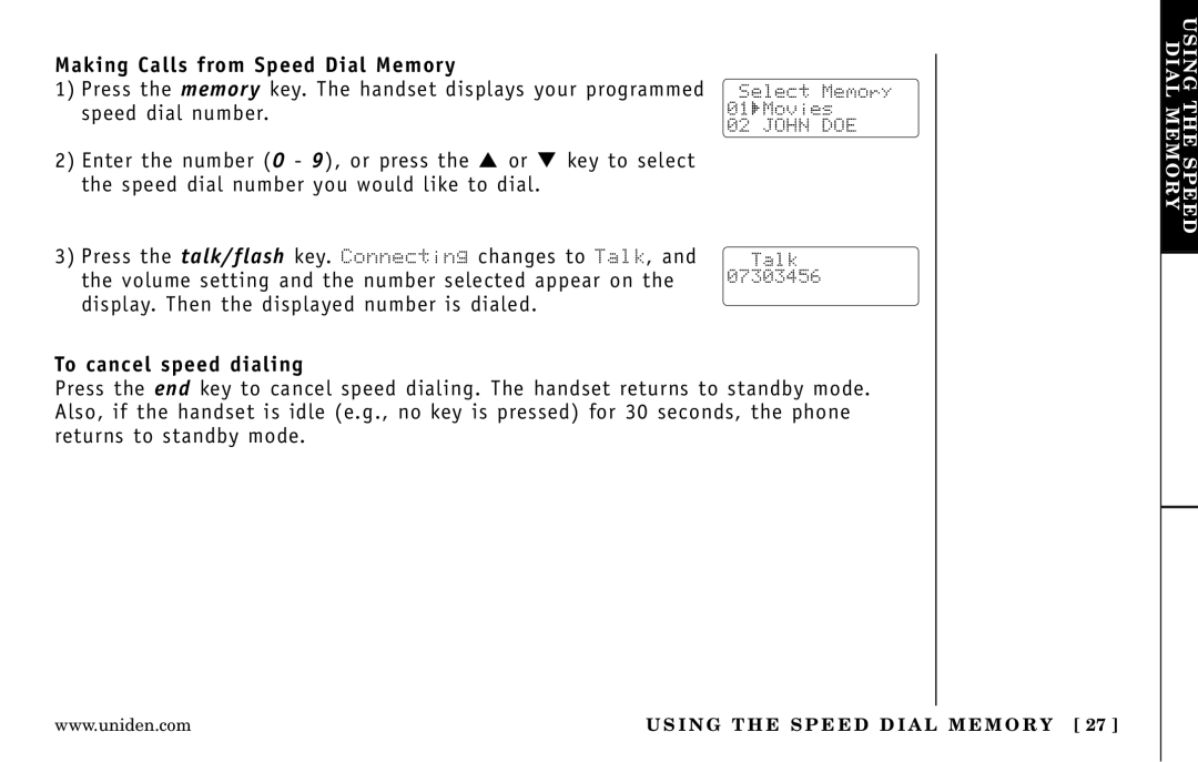 Uniden DXI5586-3, DXI5586-4 manual Making Calls from Speed Dial Memory, To cancel speed dialing 