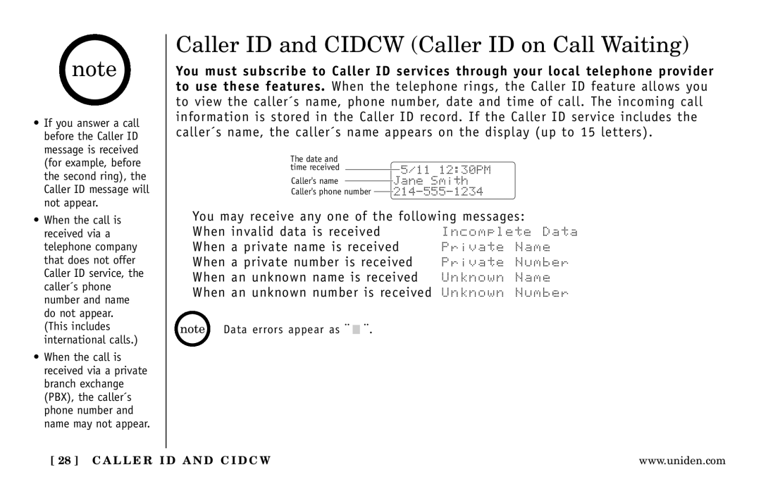 Uniden DXI5586-4, DXI5586-3 manual Caller ID and Cidcw Caller ID on Call Waiting 