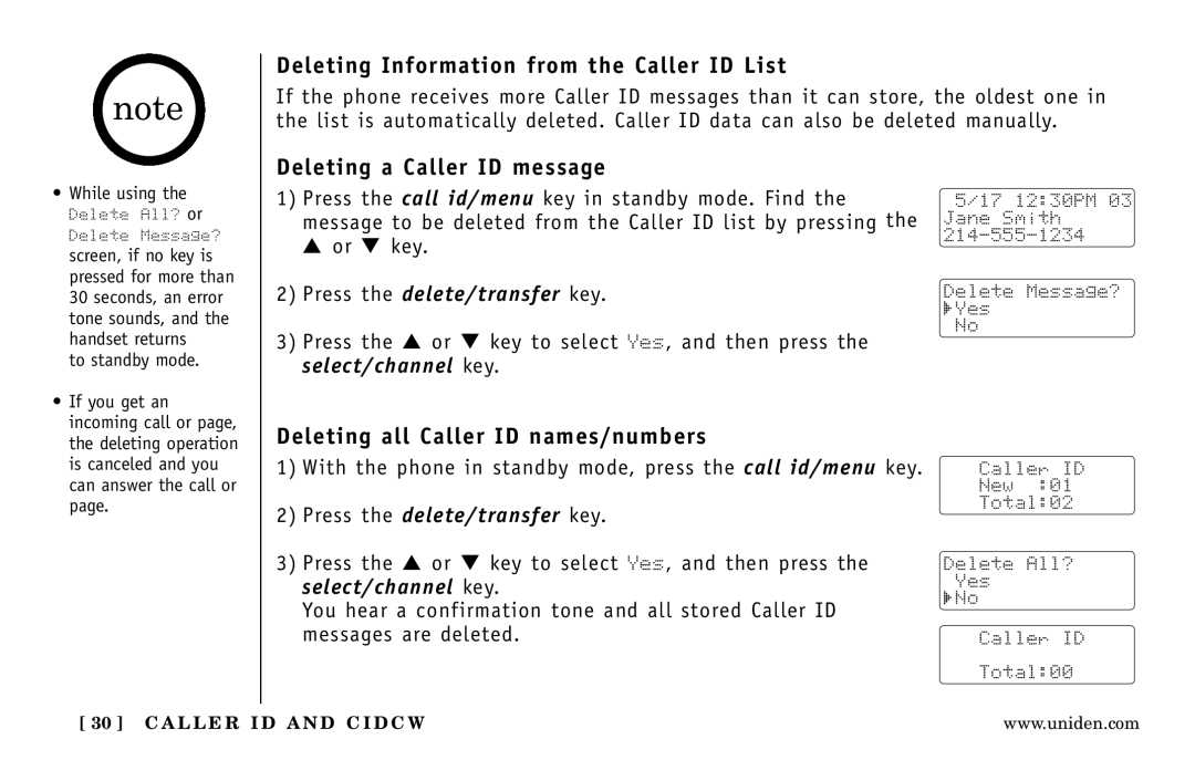 Uniden DXI5586-4, DXI5586-3 manual Deleting Information from the Caller ID List, Deleting a Caller ID message 