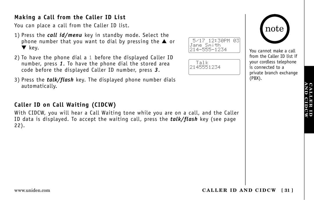 Uniden DXI5586-3, DXI5586-4 manual Making a Call from the Caller ID List, Caller ID on Call Waiting Cidcw 