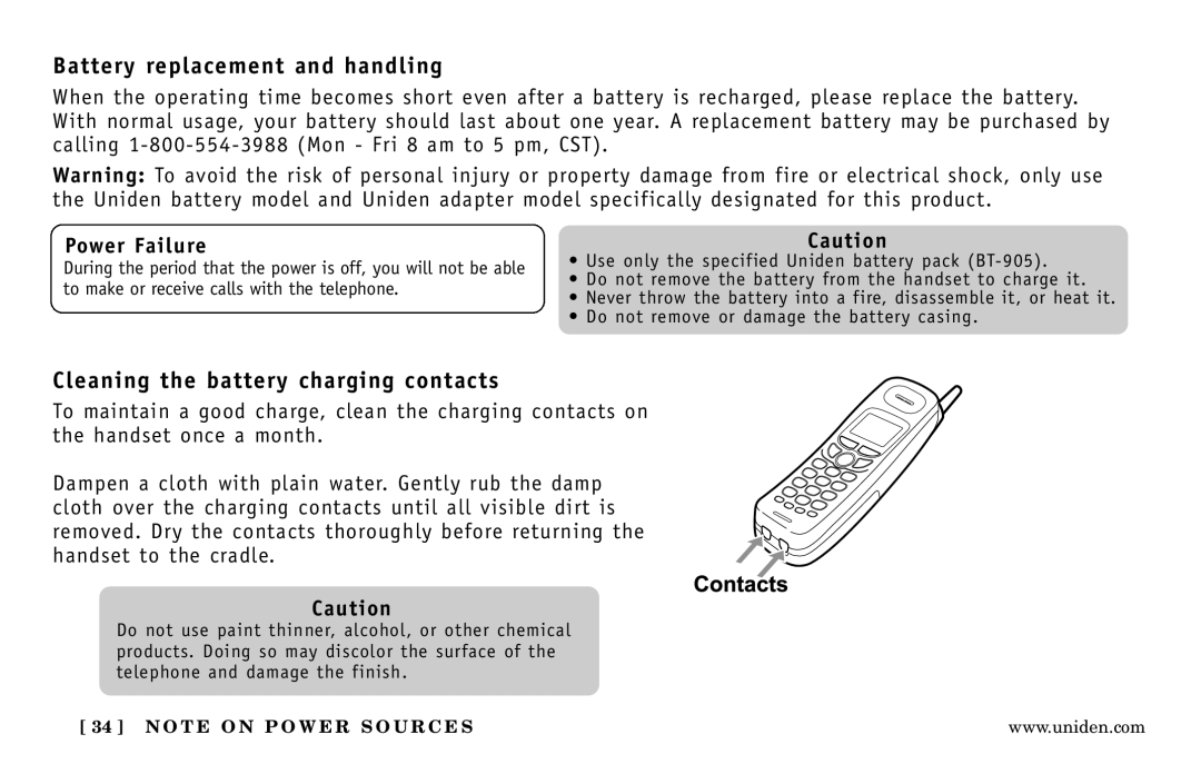 Uniden DXI5586-4, DXI5586-3 manual Battery replacement and handling, Cleaning the battery charging contacts, Power Failure 