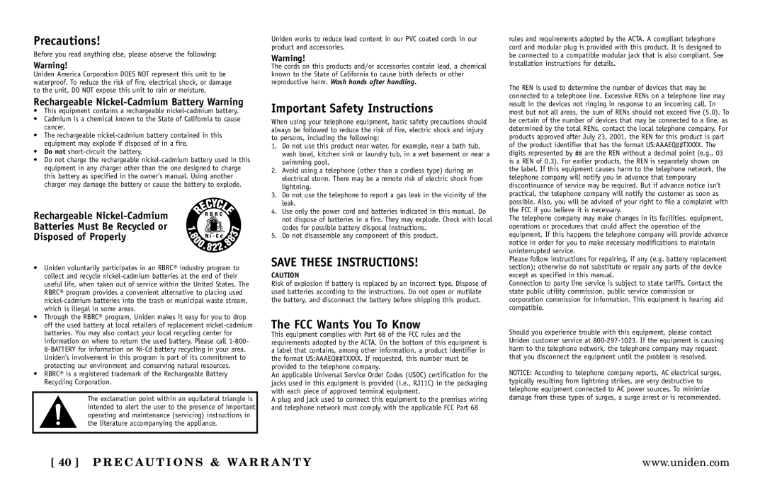 Uniden DXI5586-4, DXI5586-3 manual Precautions, Important Safety Instructions, FCC Wants You To Know 