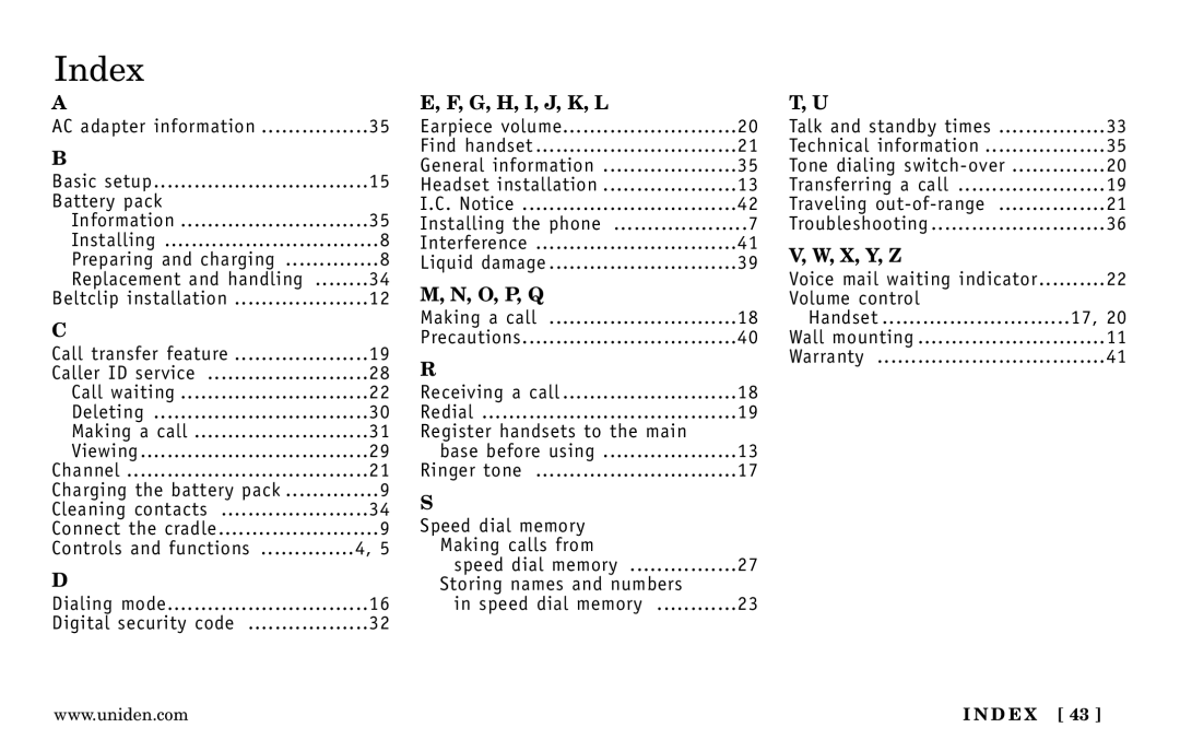 Uniden DXI5586-3, DXI5586-4 manual Index, G, H, I, J, K, L 