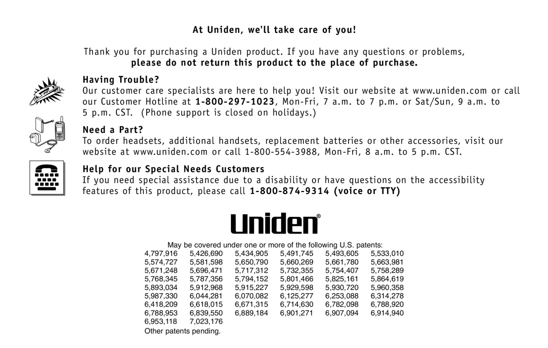 Uniden DXI5586-3, DXI5586-4 manual At Uniden, well take care of you, Need a Part? Help for our Special Needs Customers 