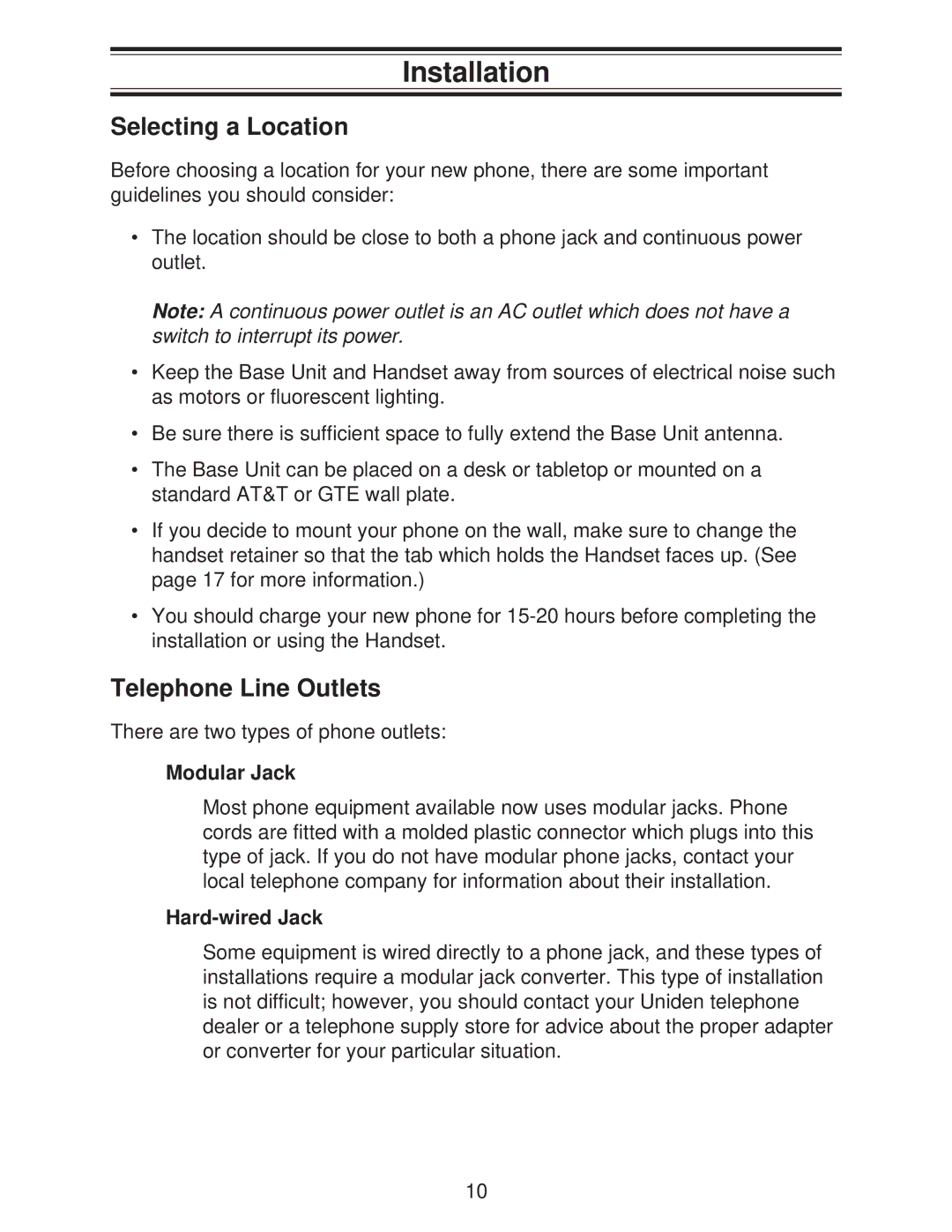 Uniden DXI665 important safety instructions Installation, Selecting a Location, Telephone Line Outlets 