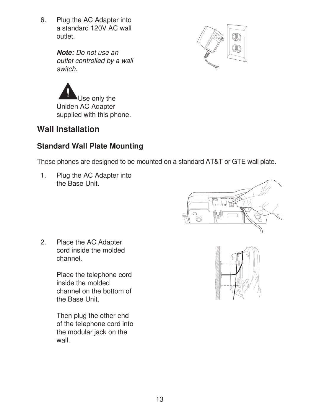 Uniden DXI665 important safety instructions Wall Installation, Standard Wall Plate Mounting 