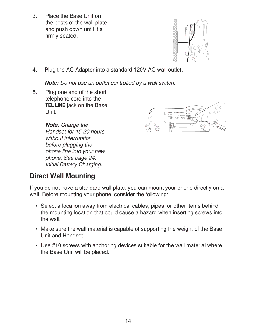 Uniden DXI665 important safety instructions Direct Wall Mounting 