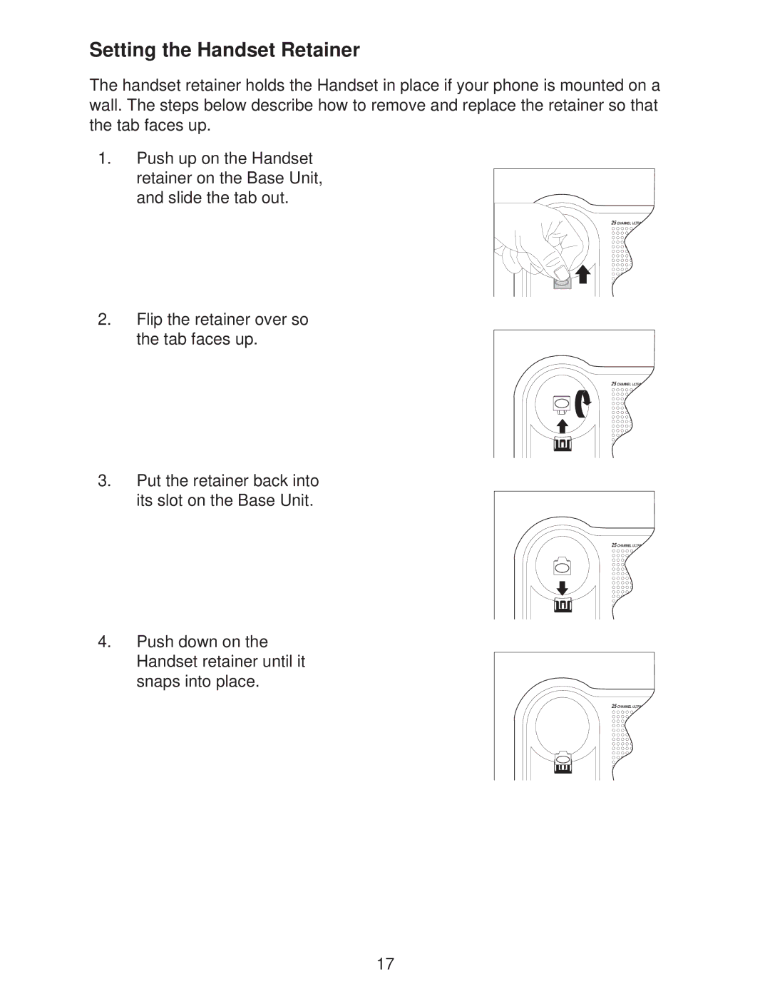 Uniden DXI665 important safety instructions Setting the Handset Retainer 