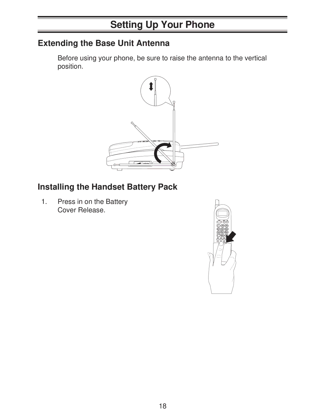 Uniden DXI665 Setting Up Your Phone, Extending the Base Unit Antenna, Installing the Handset Battery Pack 