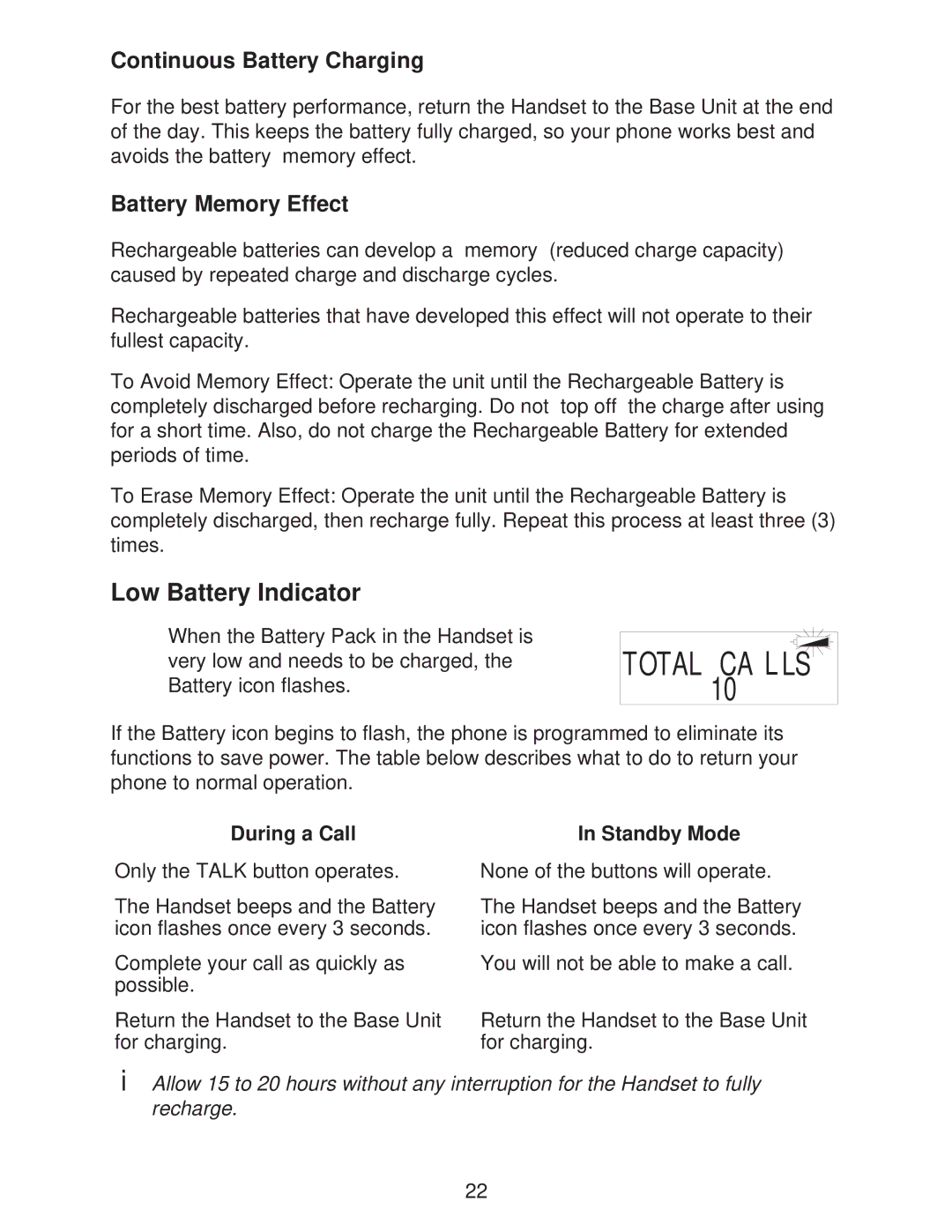 Uniden DXI665 important safety instructions Low Battery Indicator, Continuous Battery Charging 