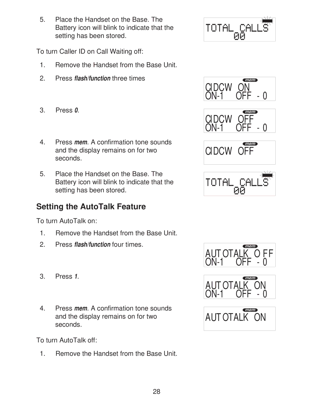 Uniden DXI665 important safety instructions Autotalk OFF ON-1 OFF-0, Setting the AutoTalk Feature 