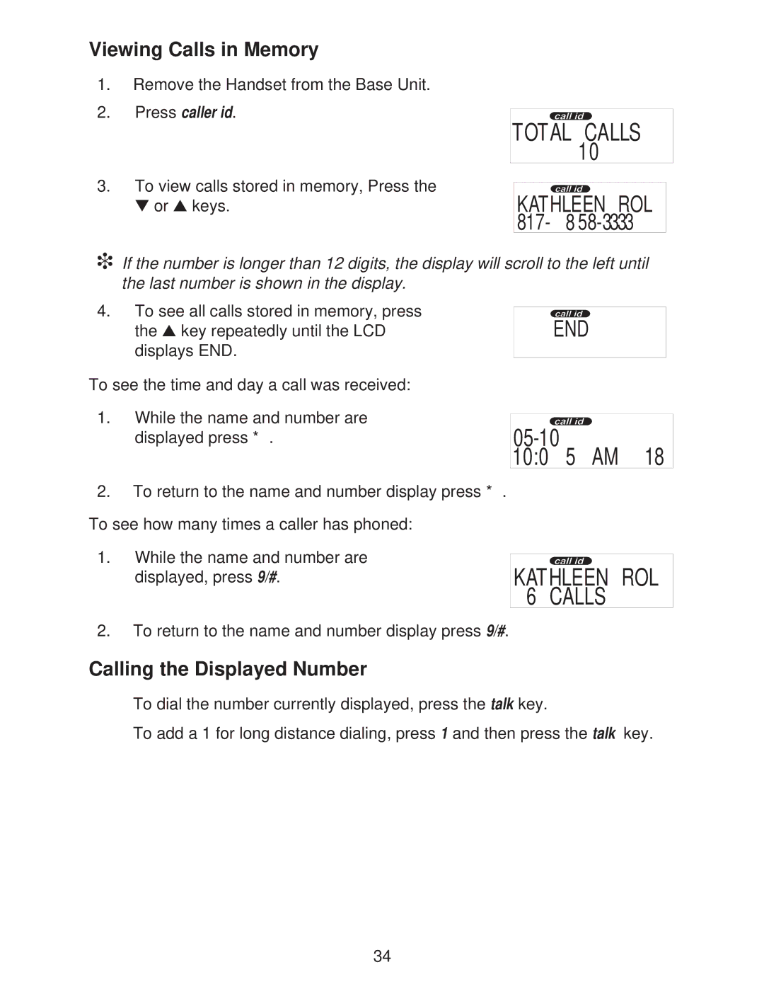 Uniden DXI665 important safety instructions Viewing Calls in Memory, Calling the Displayed Number 