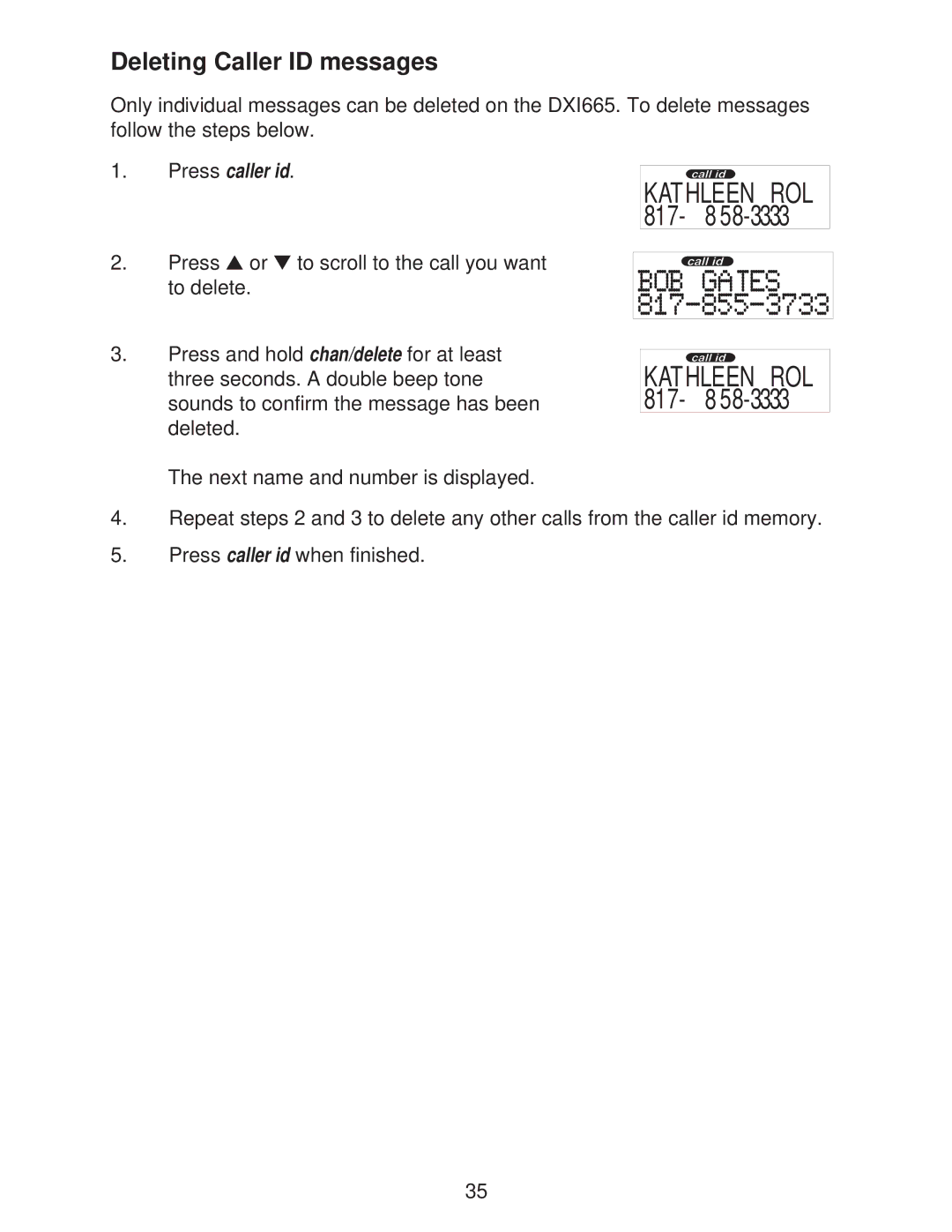 Uniden DXI665 important safety instructions Deleting Caller ID messages 