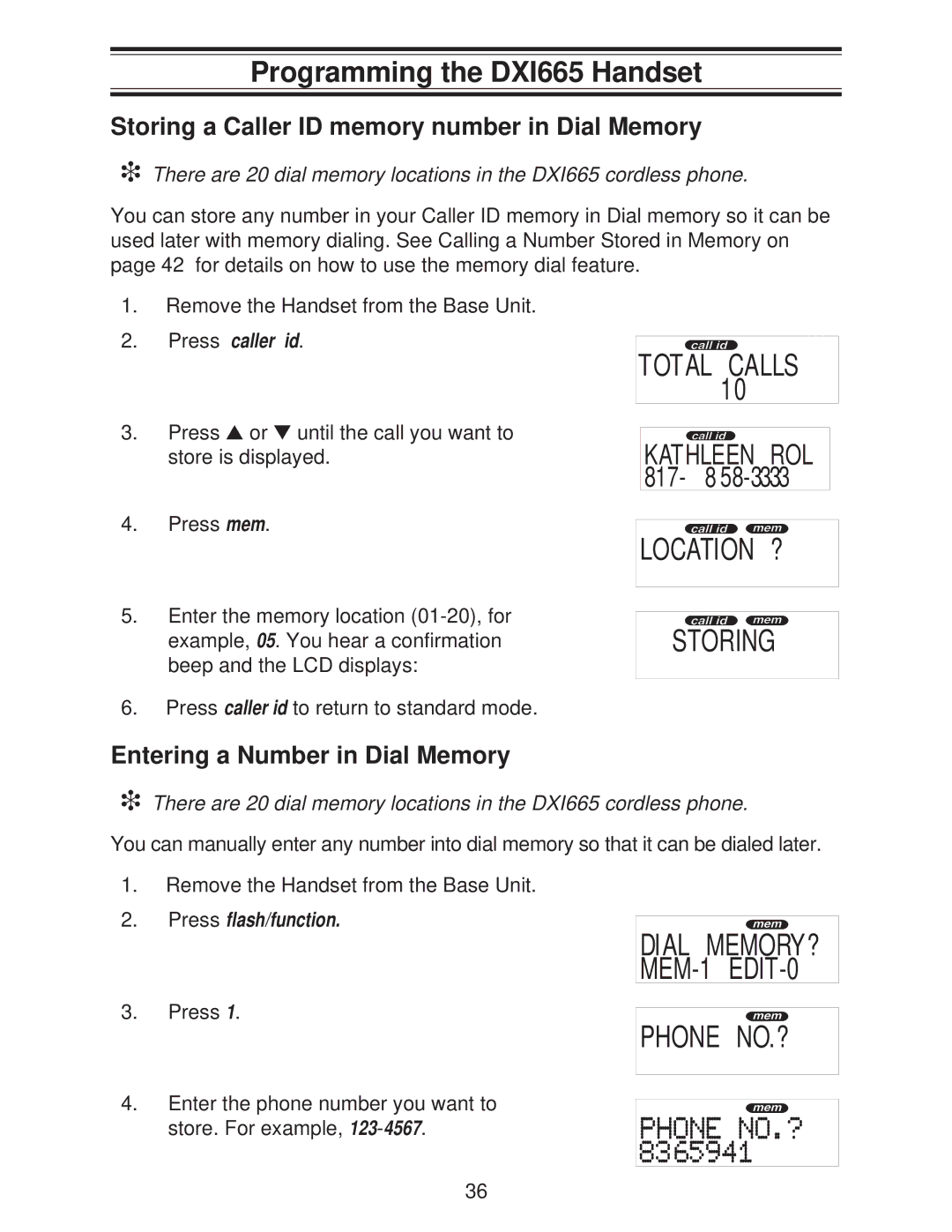 Uniden important safety instructions Programming the DXI665 Handset, Storing a Caller ID memory number in Dial Memory 