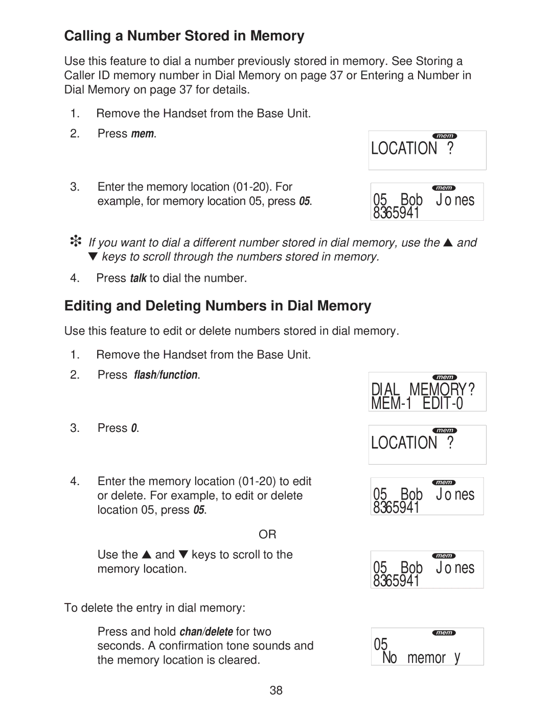 Uniden DXI665 important safety instructions Calling a Number Stored in Memory, Editing and Deleting Numbers in Dial Memory 