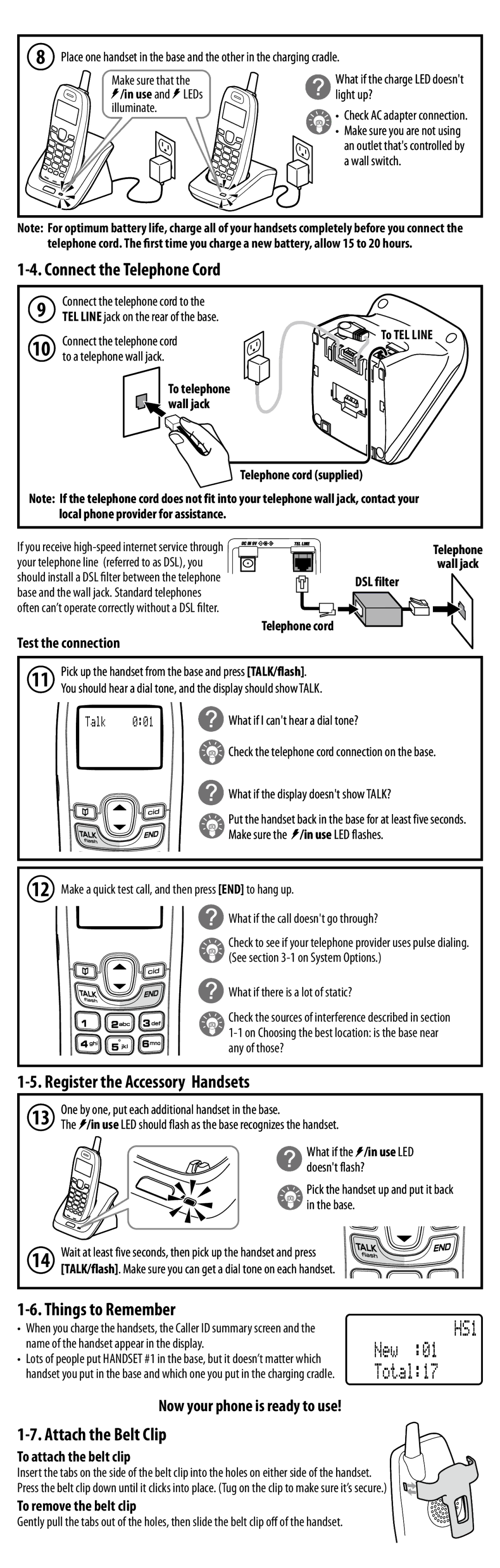 Uniden DXI8560 Series manual Connect the Telephone Cord, Register the Accessory Handsets, Things to Remember 