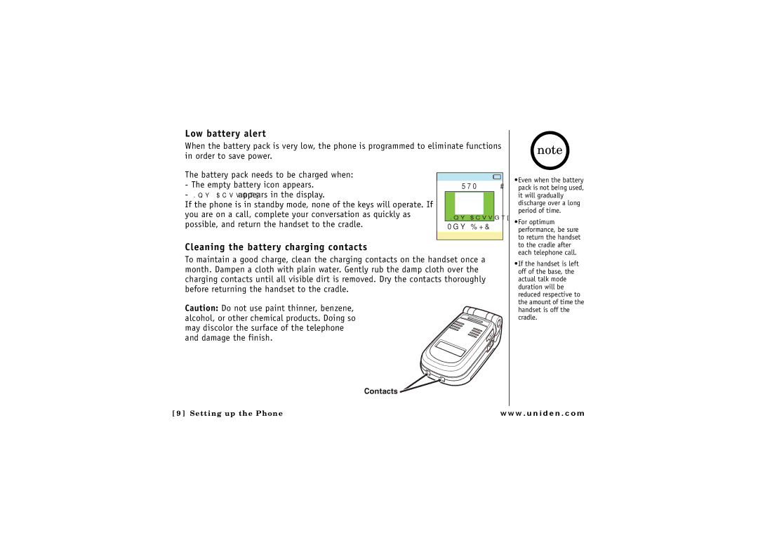 Uniden ELBT 585 owner manual Low battery alert, Cleaning the battery charging contacts 