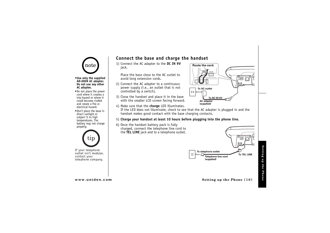 Uniden ELBT 585 owner manual Connect the base and charge the handset 