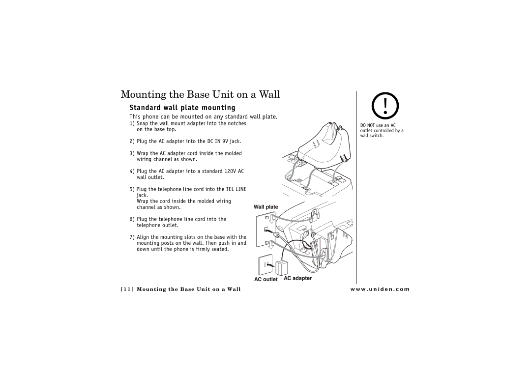 Uniden ELBT 585 owner manual Mounting the Base Unit on a Wall, Standard wall plate mounting 