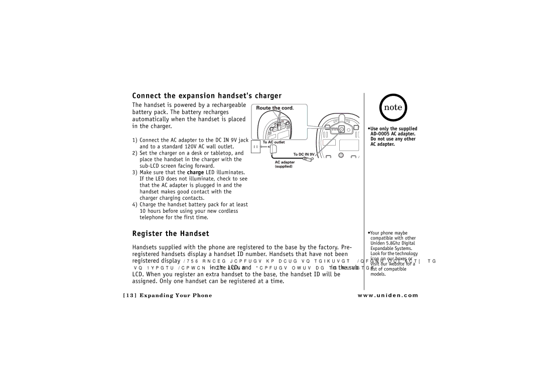 Uniden ELBT 585 owner manual Connect the expansion handsets charger 