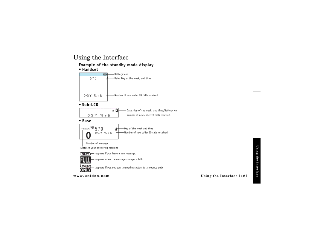 Uniden ELBT 585 owner manual Using the Interface, Example of the standby mode display Handset, Sub-LCD, Base 