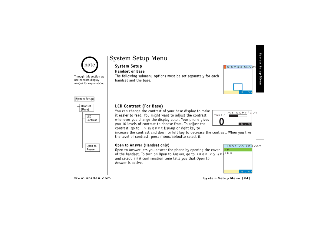 Uniden ELBT 585 owner manual System Setup Menu, LCD Contrast For Base, Handset or Base, Open to Answer Handset only 