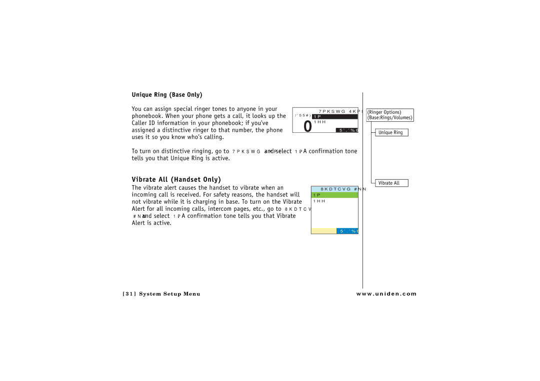 Uniden ELBT 585 owner manual Vibrate All Handset Only, Unique Ring Base Only 