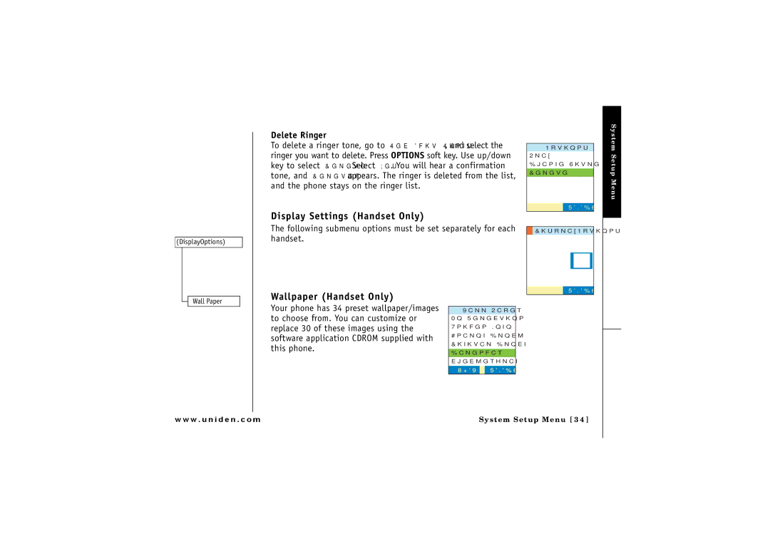 Uniden ELBT 585 owner manual Display Settings Handset Only, Wallpaper Handset Only, Delete Ringer 