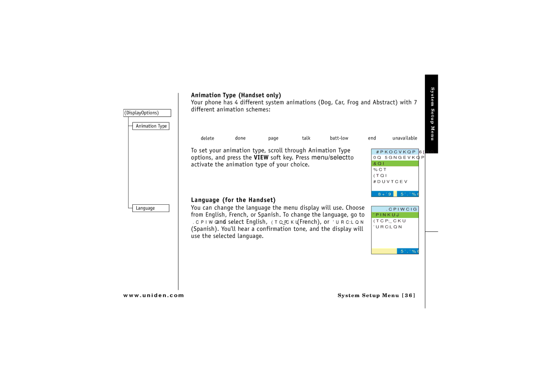 Uniden ELBT 585 owner manual Animation Type Handset only, Language for the Handset 