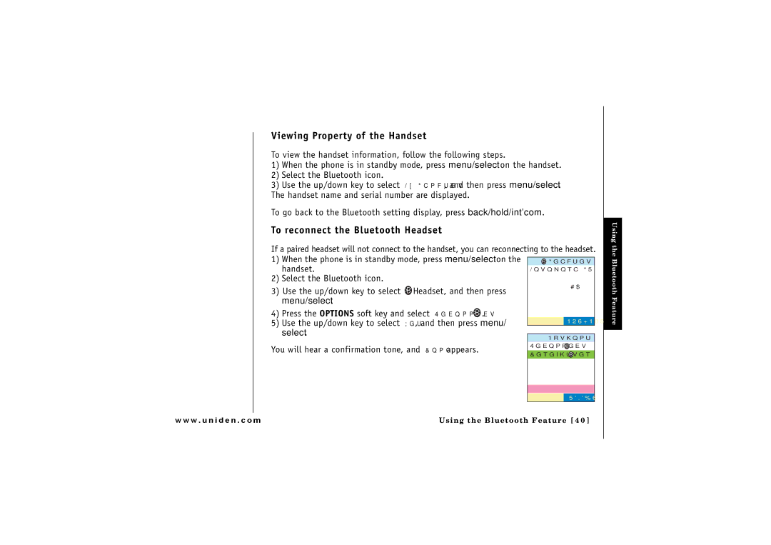 Uniden ELBT 585 owner manual Viewing Property of the Handset, To reconnect the Bluetooth Headset 