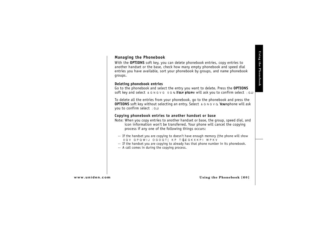 Uniden ELBT 585 Managing the Phonebook, Deleting phonebook entries, Copying phonebook entries to another handset or base 