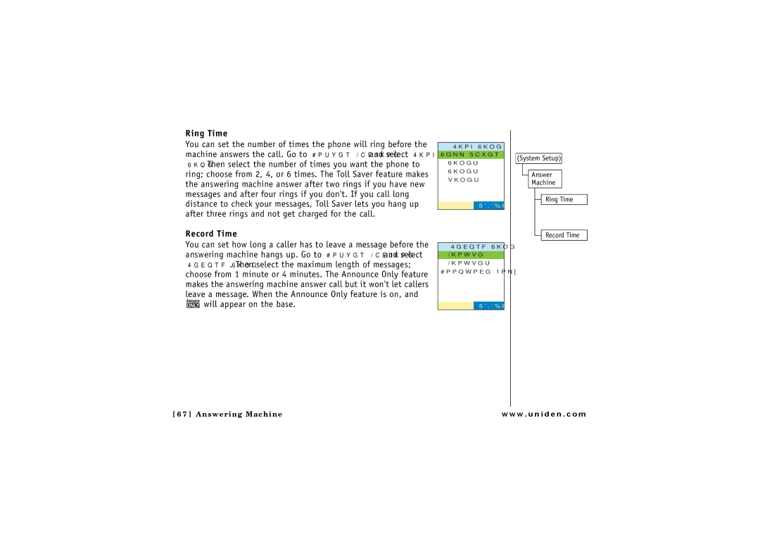 Uniden ELBT 585 owner manual Ring Time, Record Time 