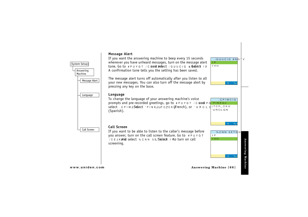 Uniden ELBT 585 owner manual Message Alert, Language, Call Screen 