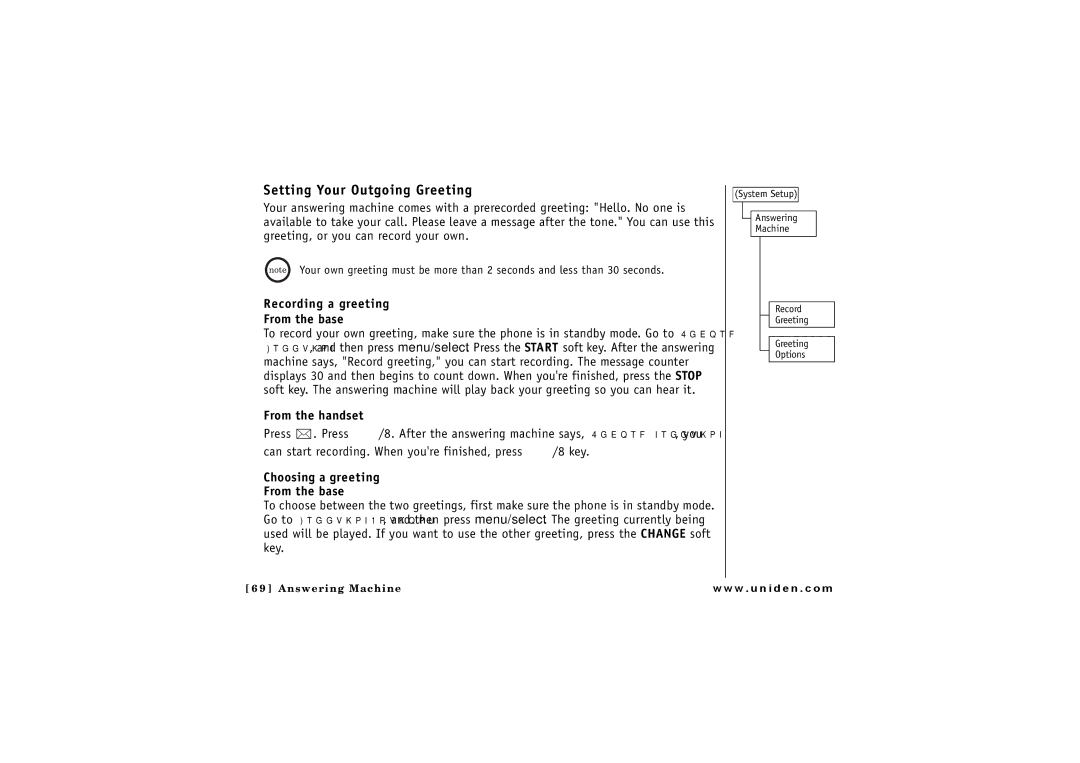 Uniden ELBT 585 Setting Your Outgoing Greeting, Recording a greeting From the base, Choosing a greeting From the base 