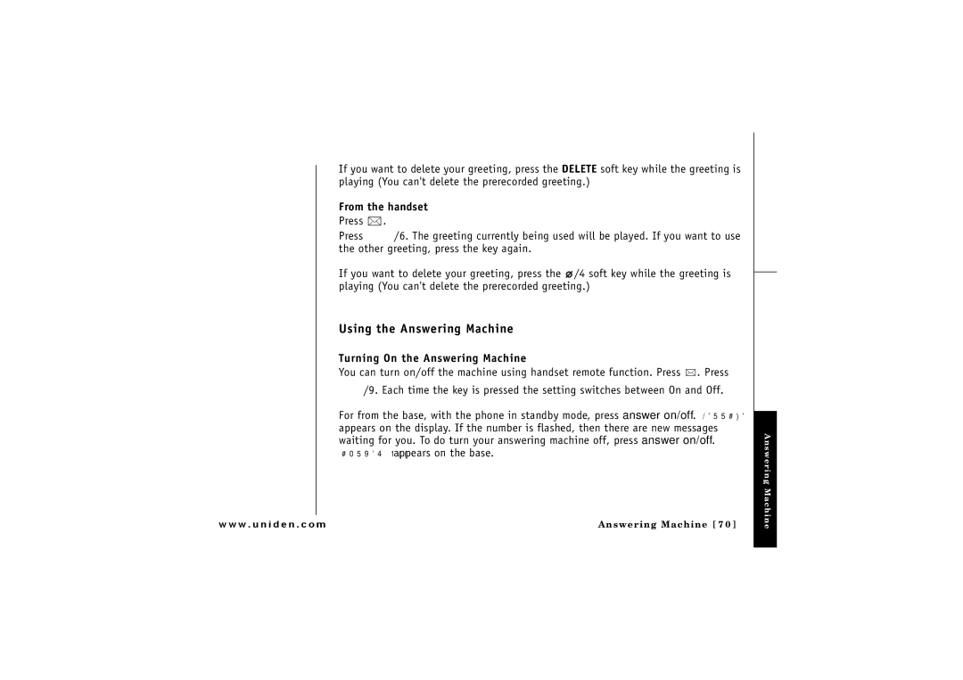 Uniden ELBT 585 owner manual Using the Answering Machine, Turning On the Answering Machine 