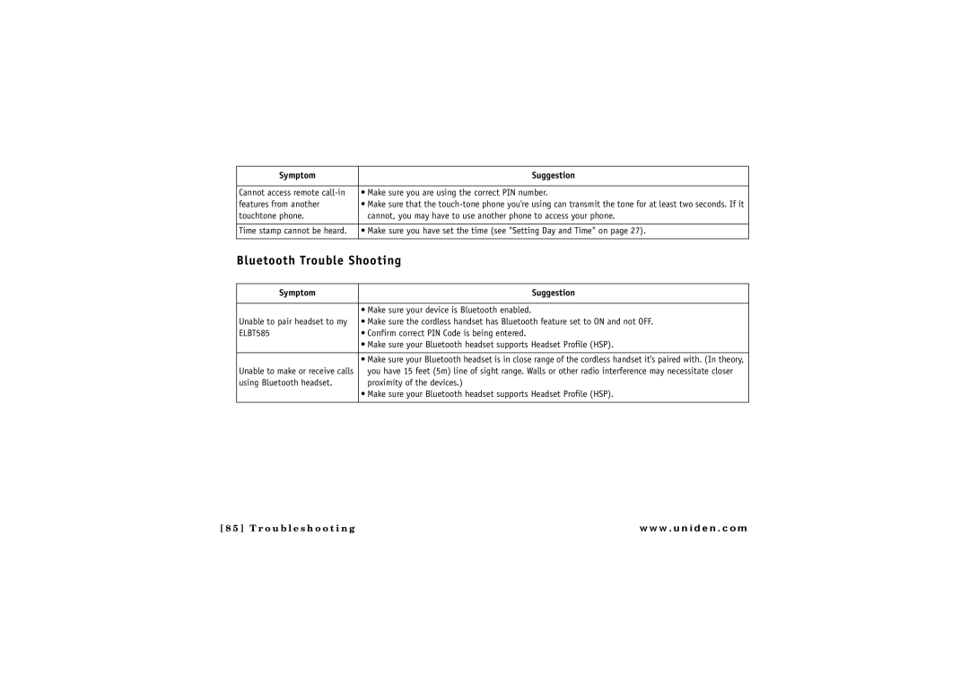 Uniden ELBT 585 owner manual Bluetooth Trouble Shooting, Features from another 