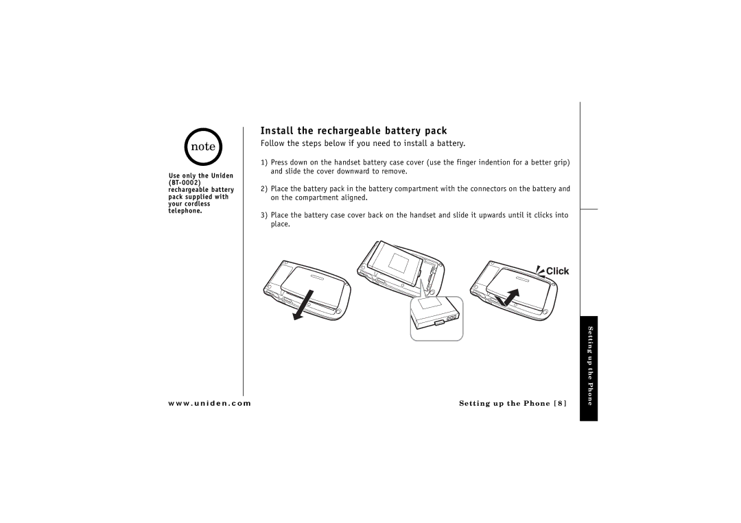 Uniden ELBT 585 owner manual Install the rechargeable battery pack 